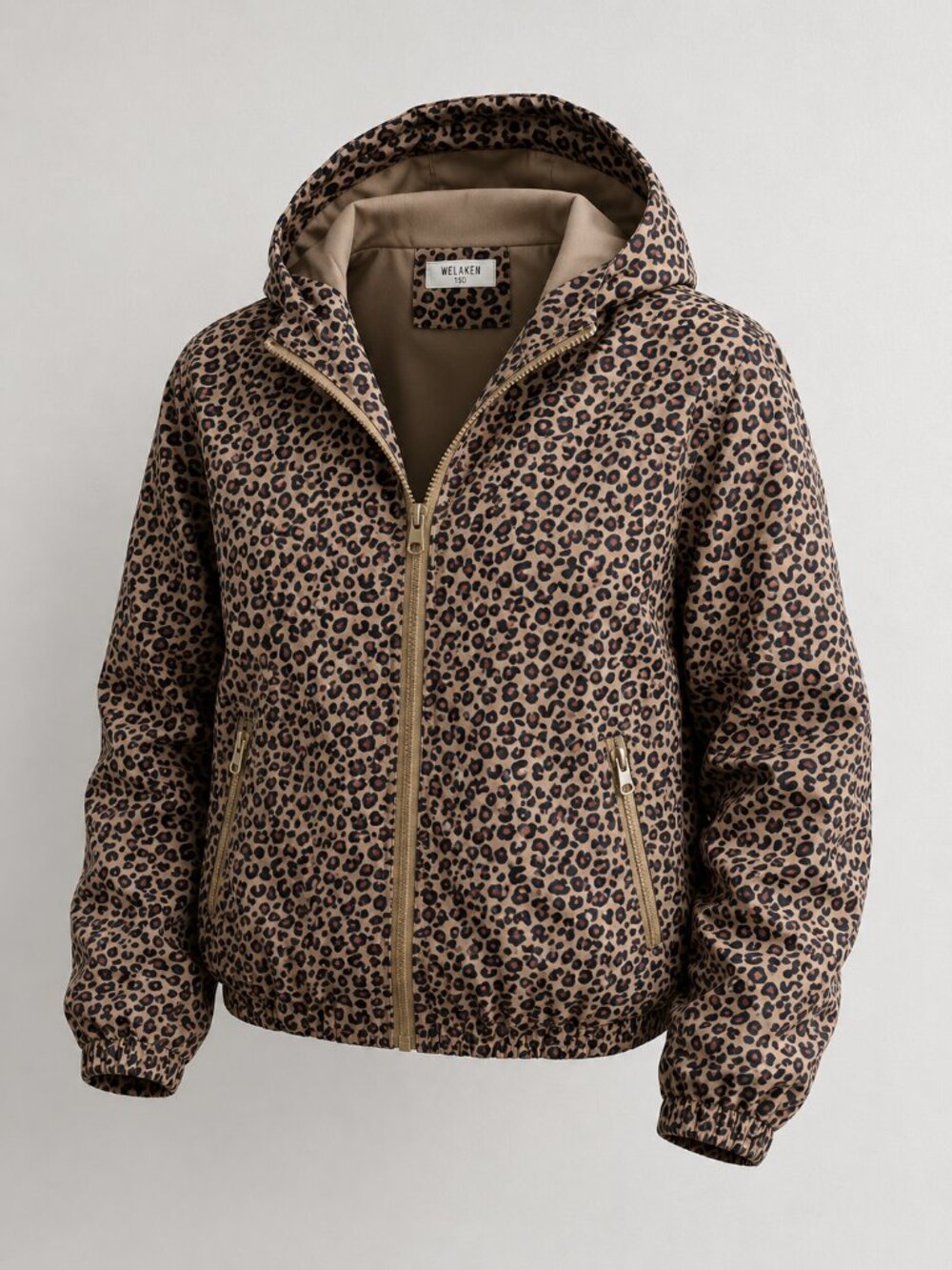Welaken Girls Leopard Print Hooded Zip Jacket Size 150 Tan Black Windbreaker